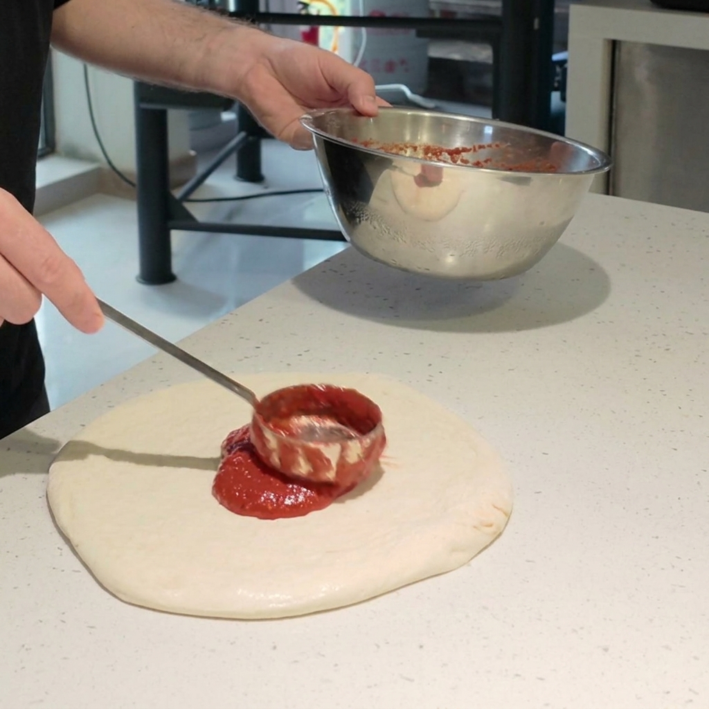 Pizza posypana kawałkami białej mozzarelli i jaskrawozielonymi liśćmi bazylii.