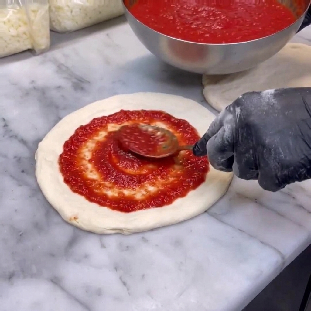 Łyżka czerwonego sosu pomidorowego rozprowadzana równomiernie na okrągłym cieście do pizzy na marmurowym blacie.