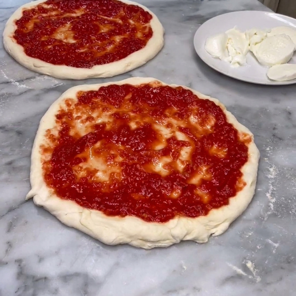 Drobno starty żółty ser Parmigiano posypywany na dwa spody do pizzy z sosem pomidorowym.