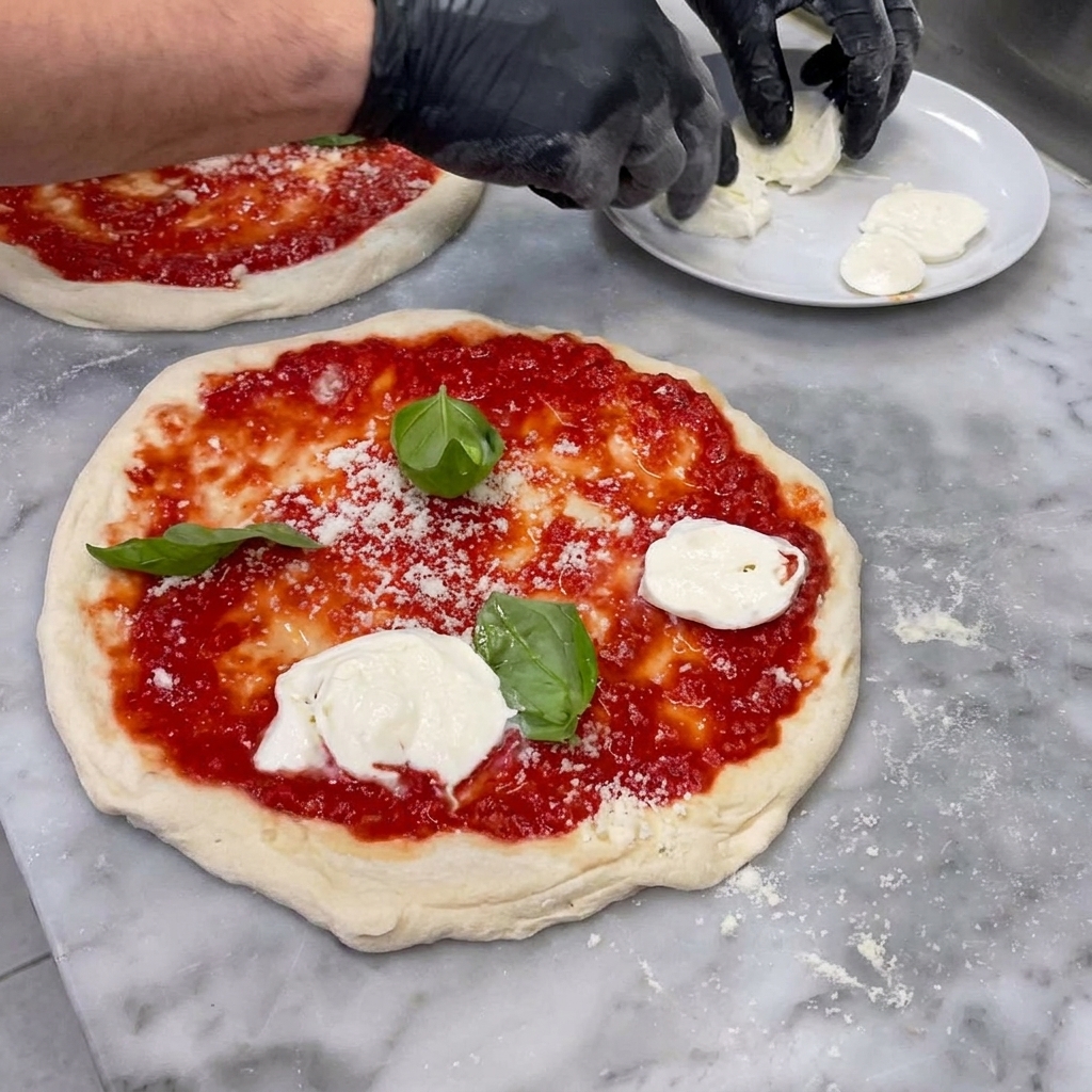 Plastry białej mozzarelli di bufala starannie układane na przygotowanym spodzie do pizzy.