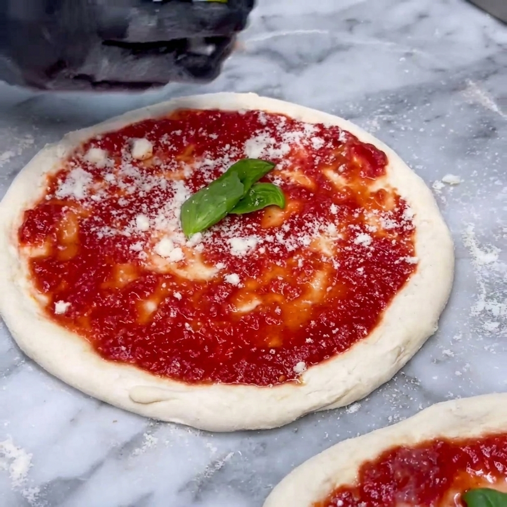 Kawałki świeżej mozzarelli fior di latte dodawane do drugiego przygotowanego spodu pizzy.