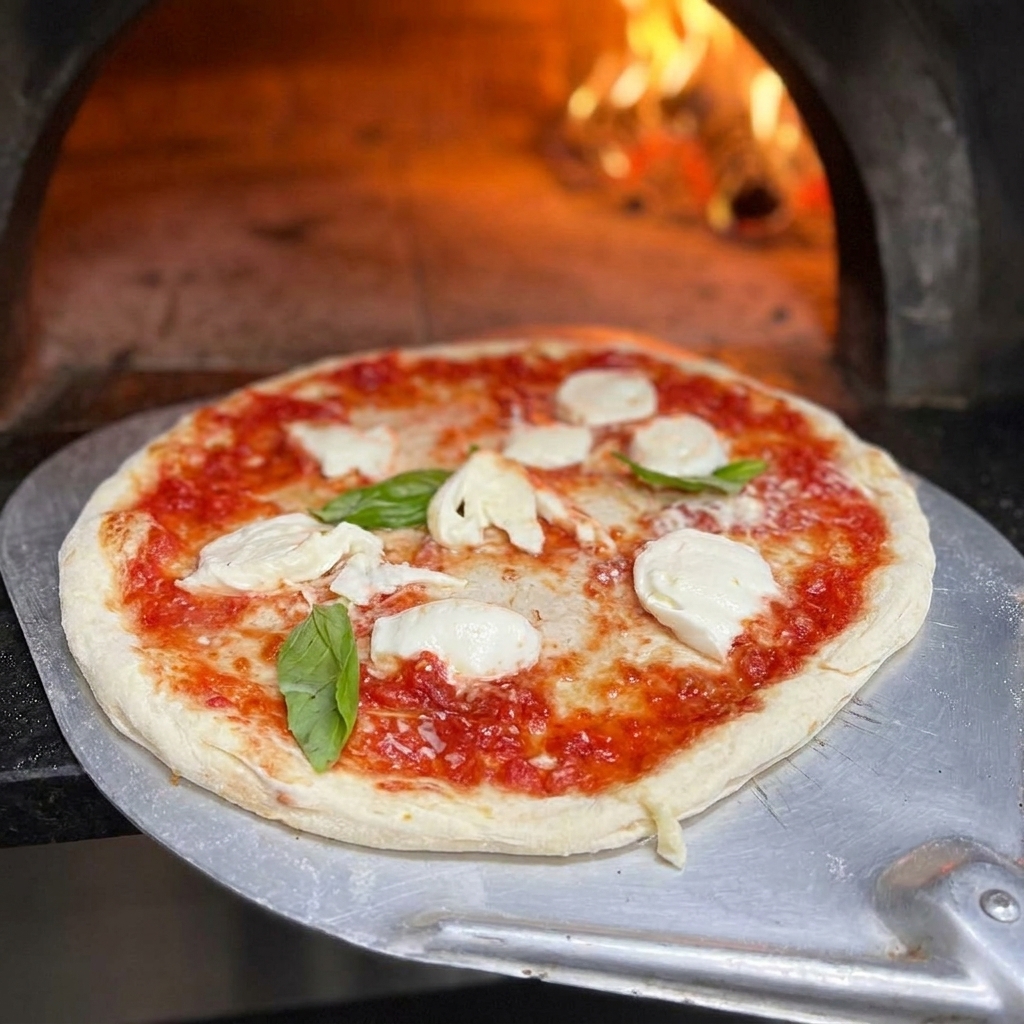 Świeżo przygotowana pizza Margherita wsuwana do rozżarzonego wnętrza pieca opalanego drewnem za pomocą metalowej łopaty.