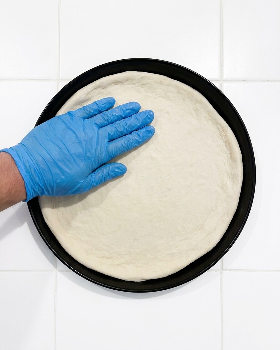Ciasto na pizzę układane na czarnej okrągłej metalowej formie do pizzy.