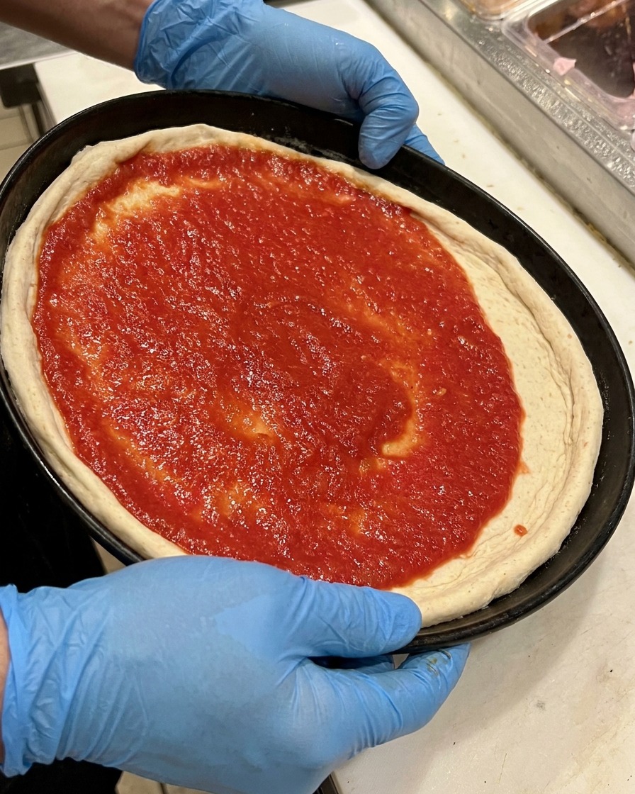 Całe czarne oliwki rozrzucane na posmarowanym sosem spodzie pizzy.