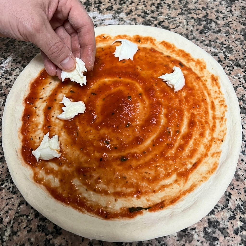 Dłoń układa porwane kawałki świeżej białej mozzarelli di bufala na bazie z sosem pomidorowym.