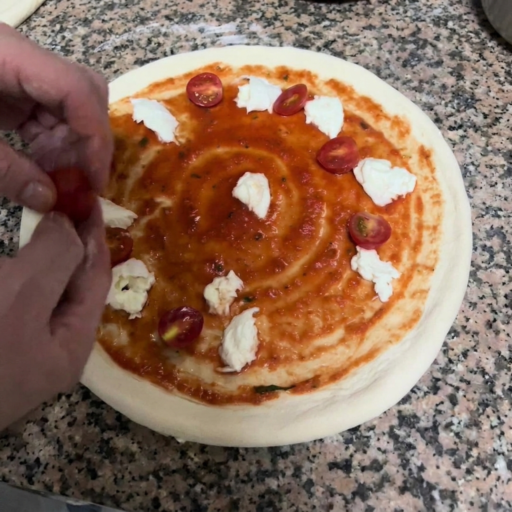 Dłonie układają przekrojone pomidorki koktajlowe na cieście z sosem i mozzarellą.