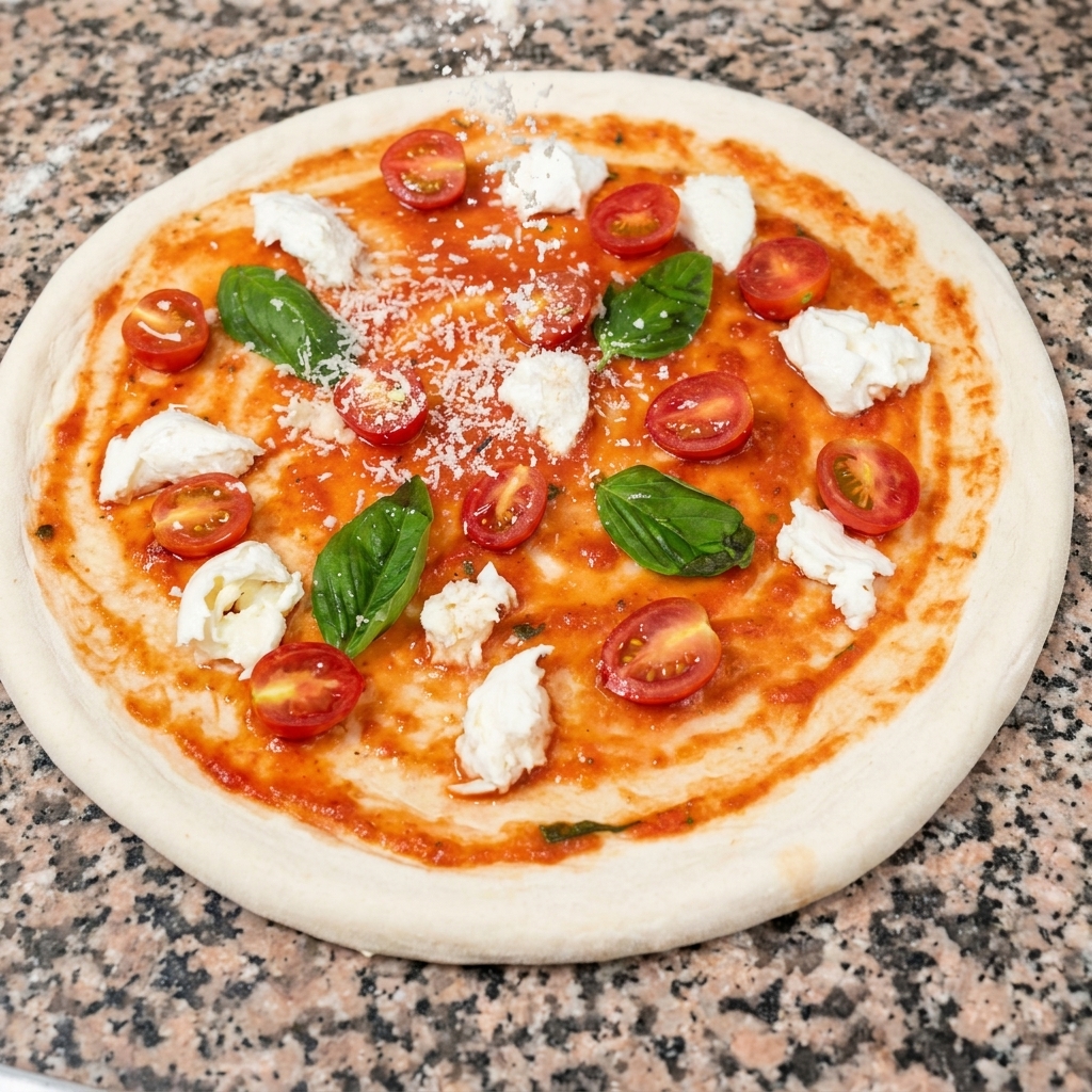 Tarty parmezan spadający na złożoną pizzę z mozzarellą, pomidorkami i świeżymi liśćmi bazylii.