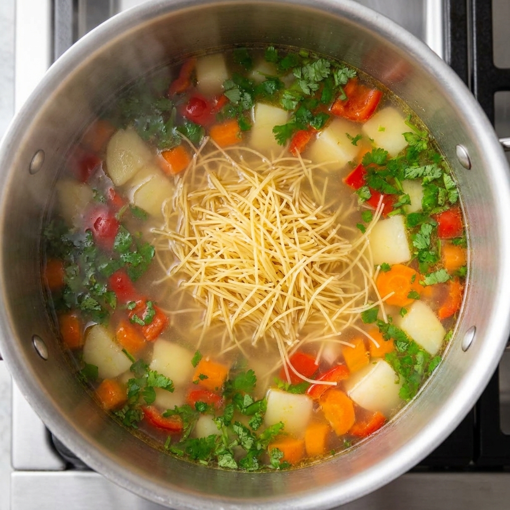 Makaron ramen gotujący się w garnku z posiekanymi warzywami i bulionem.