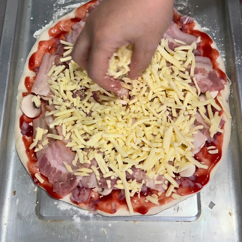 Dłoń posypująca startą mozzarellą pizzę z boczkiem, pieczarkami i cebulą.