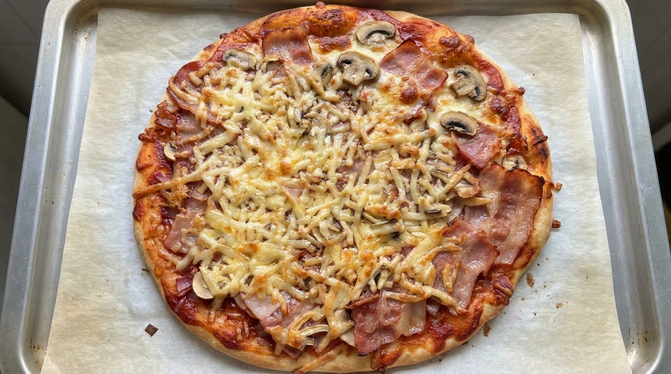 Świeżo upieczona, złocista pizza z boczkiem i pieczarkami z roztopioną mozzarellą.