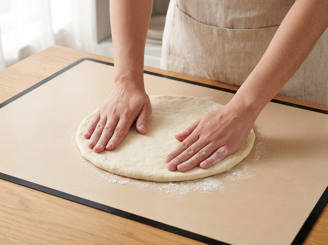 Dłonie rozciągające okrągłe ciasto na pizzę na silikonowej macie.
