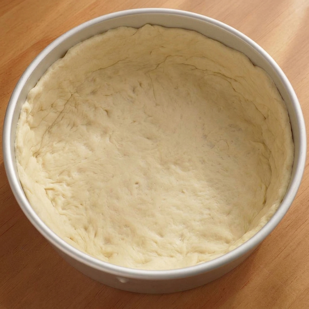 Okrągłe ciasto dopasowane do okrągłej formy, ponakłuwane widelcem.