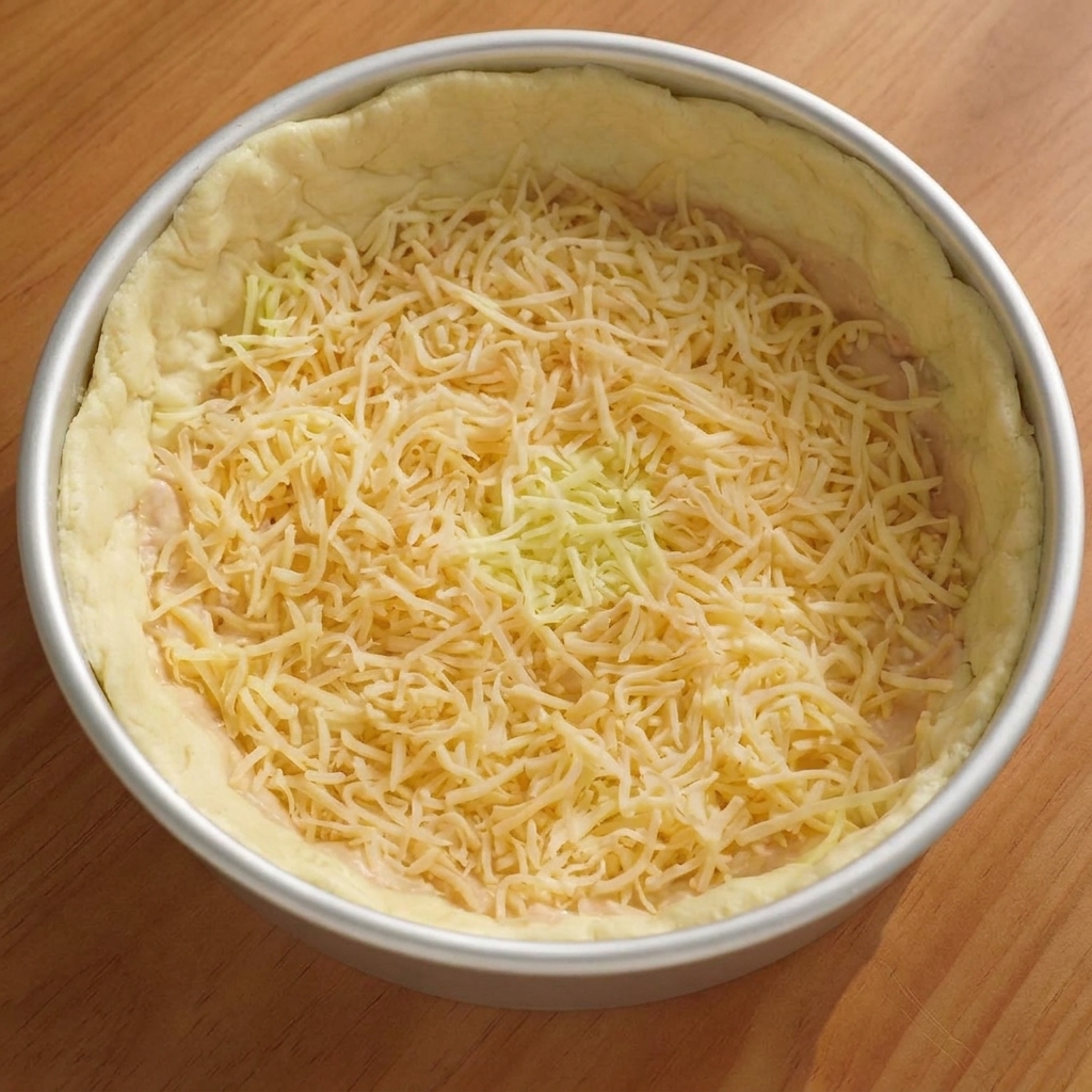Warstwa startej mozzarelli na spodzie ciasta, ułożona równomiernie z plastrami salami.