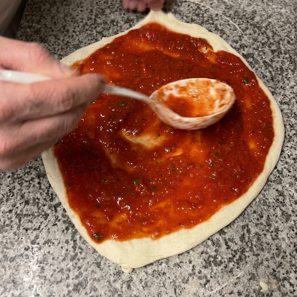 Posiekany czosnek i oliwa skrapiane na pizzę pokrytą sosem.