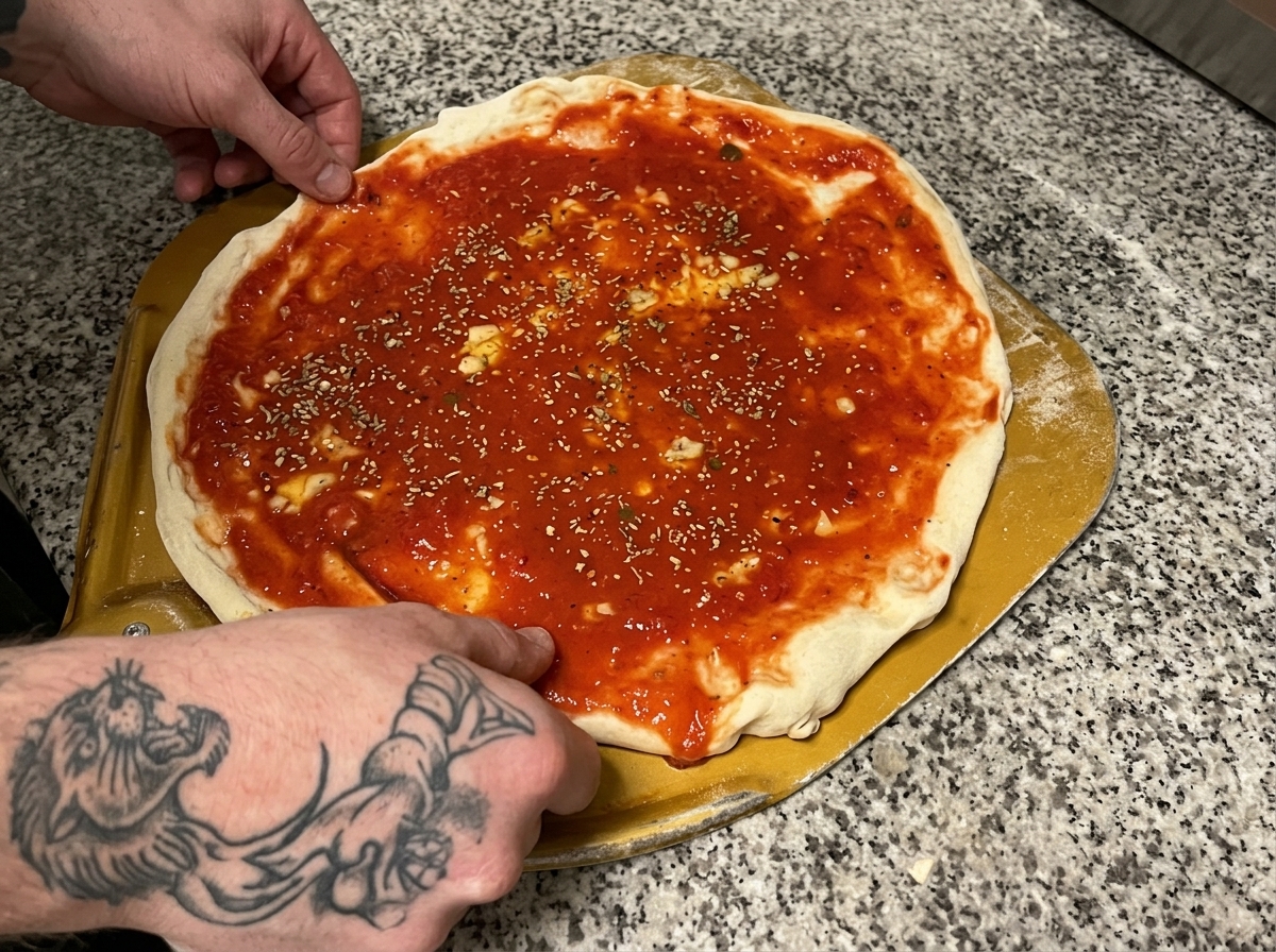 Pizza przygotowywana na łopacie przed włożeniem do pieca do pizzy.