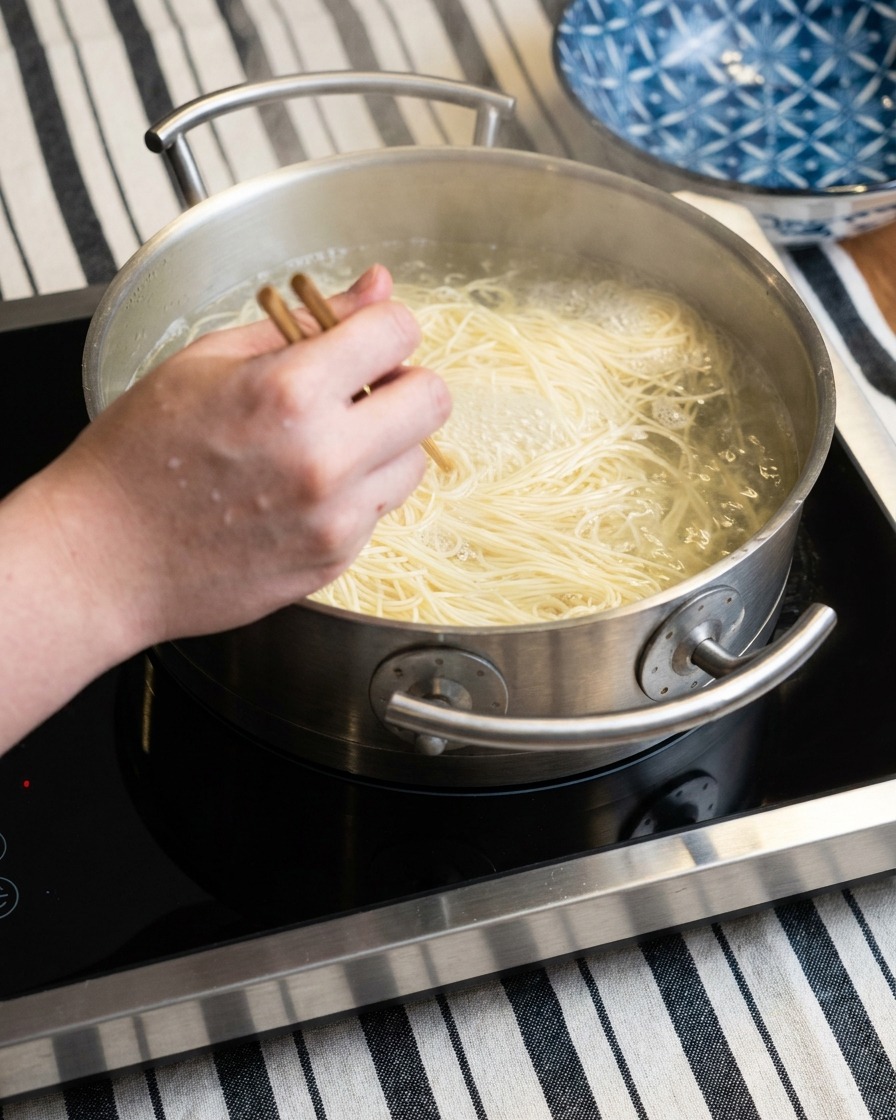 Chochla mieszająca porcję pasty miso w gotującym się bulionie wieprzowym aż do połączenia składników.