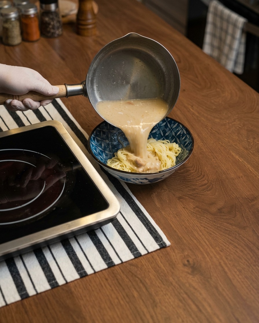 Makaron ramen gotujący się w garnku z wodą, ujęty w ruchu.
