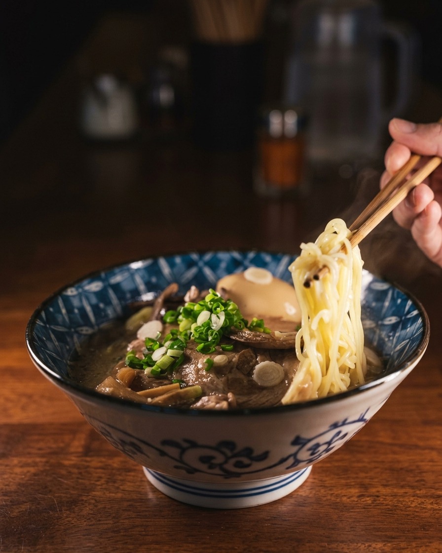 Miska wypełniona ugotowanym makaronem ramen, do której wlewa się gorący bulion miso.