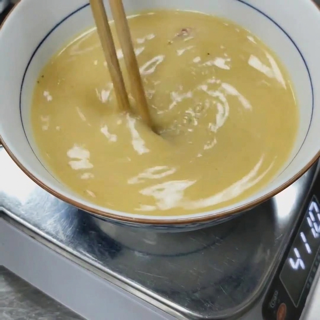 Pasta miso mieszana za pomocą pałeczek w gorącym bulionie wieprzowym.