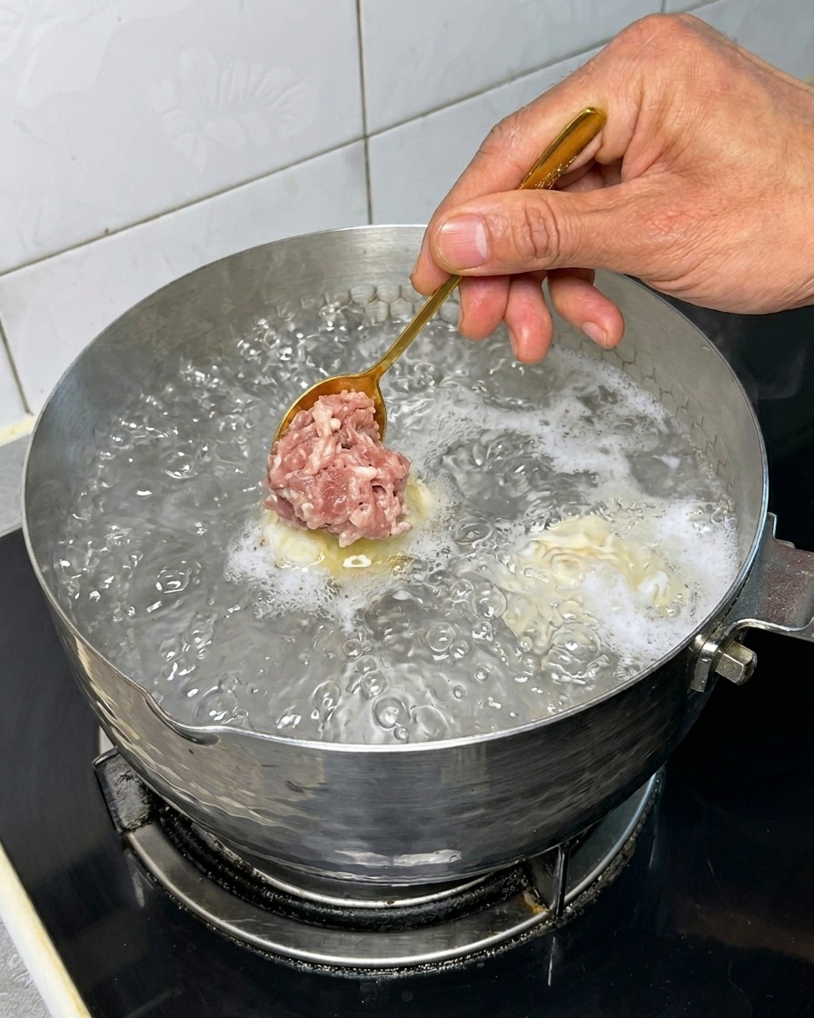 Małe okrągłe kuleczki mięsne wrzucane do garnka z gorącą wodą.