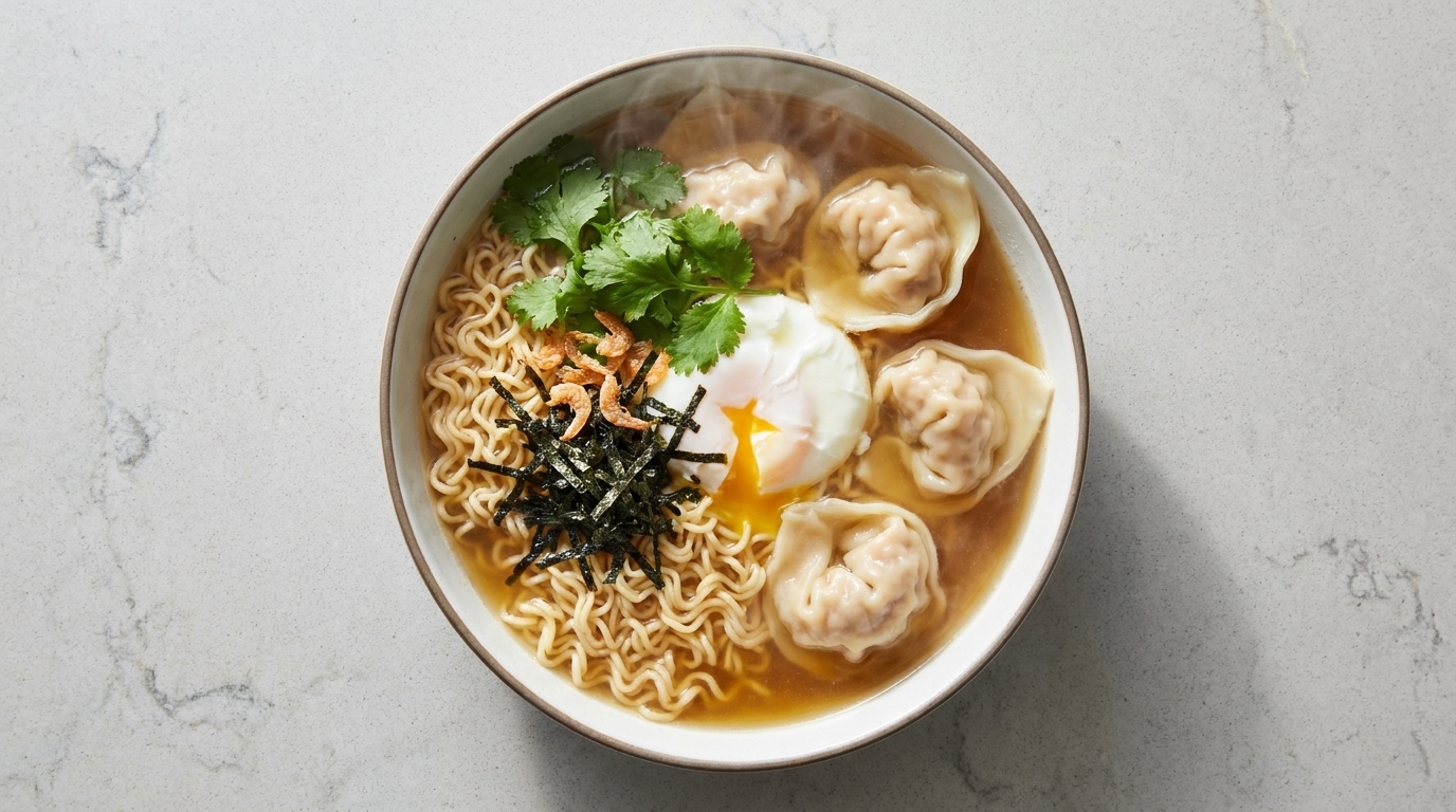 Parująca miska zupy z makaronem, pękatymi pierożkami wonton i idealnym jajkiem w koszulce.