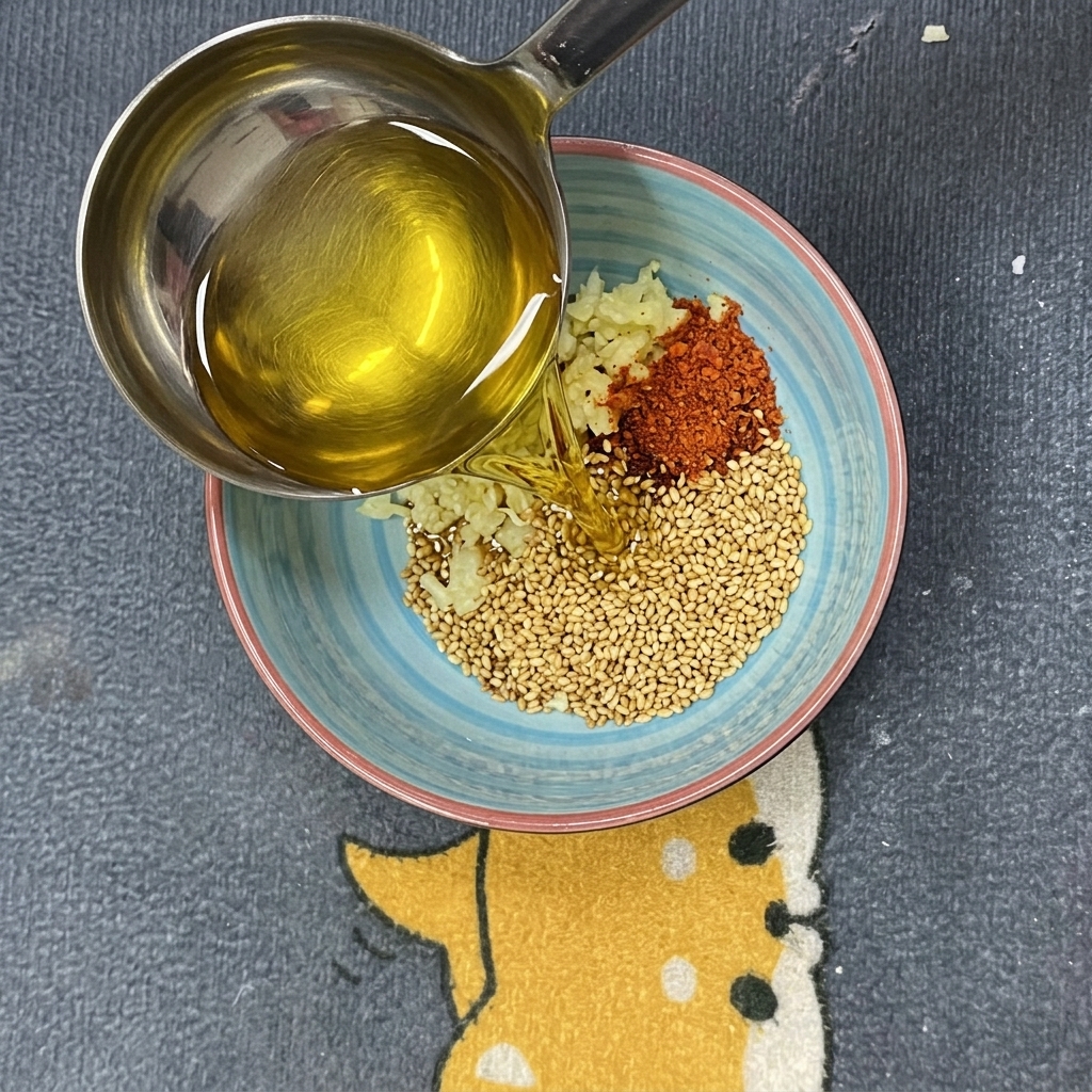 Gorący olej wlewany do miski z aromatami, tworzący pachnący olej chili.