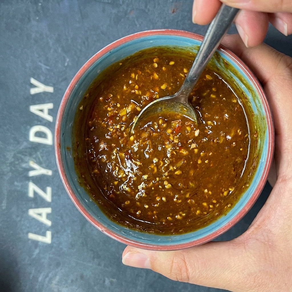 Pasta sezamowa wmieszana w miskę z olejem chili w celu wykończenia sosu do makaronu.