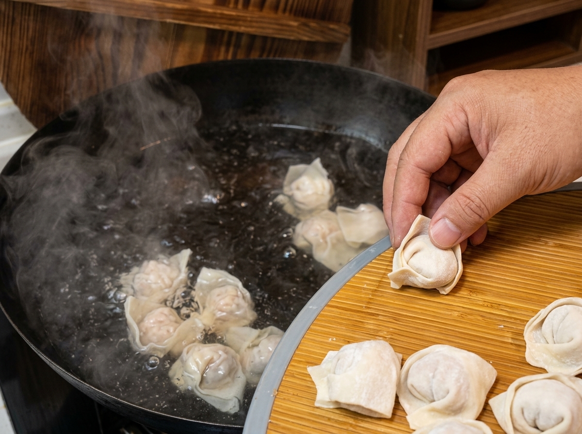 Dłoń ostrożnie wrzucająca świeżo zlepione pierożki wonton z bambusowej tacy do intensywnie gotującej się wody.