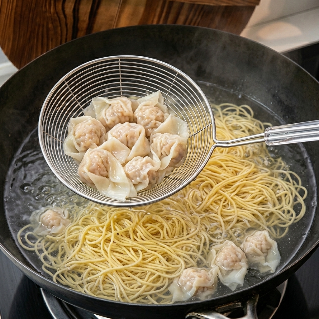 Cedzak wyjmujący kilka ugotowanych, lekko przezroczystych pierożków wonton z wrzącej wody.