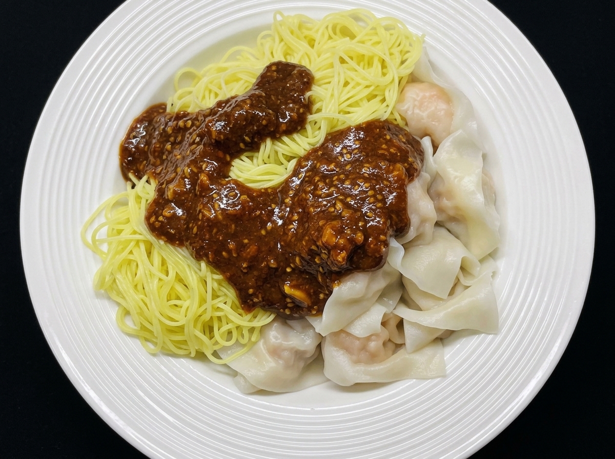 Zblizenie sosu z chili i sezamem nakładanego na talerz ze świeżo ugotowanymi pierożkami i makaronem.