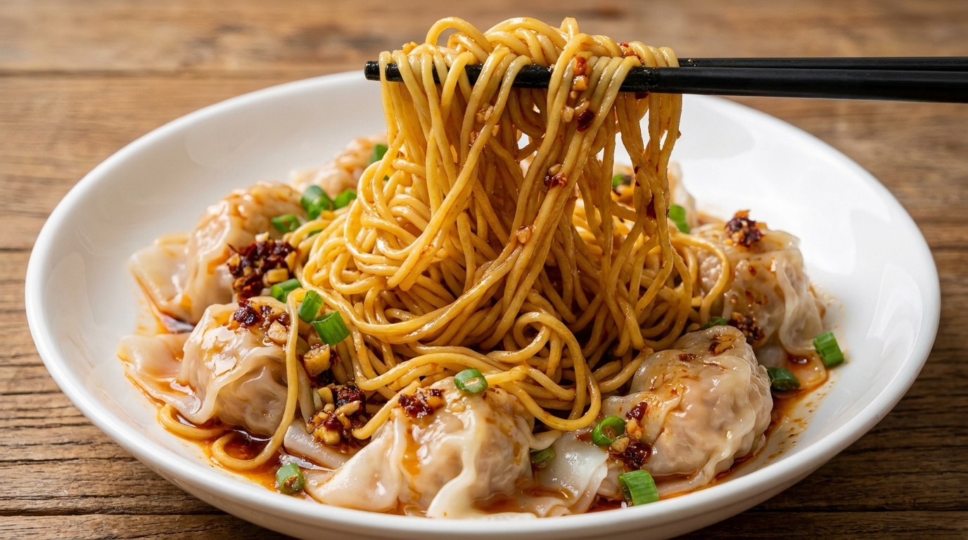 Pierożki Wonton i Makaron z Pikantnym Sosem Sezamowym