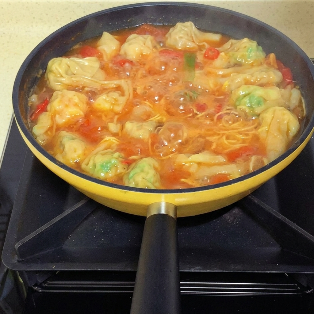 Świeżo posiekana dymka rozsypywana na gotowej zupie wonton na patelni.