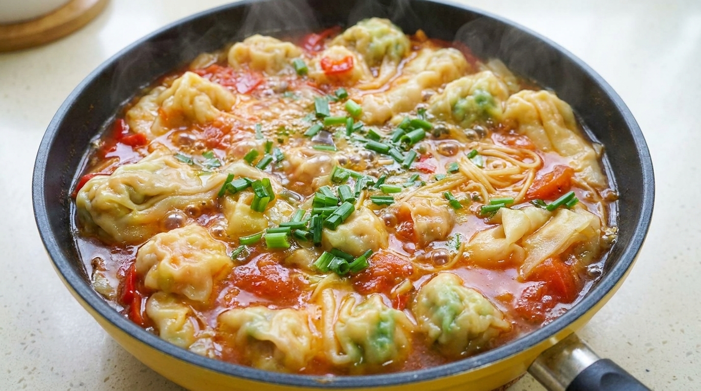 Zupa wonton z pomidorami i kiszoną kapustą musztardową