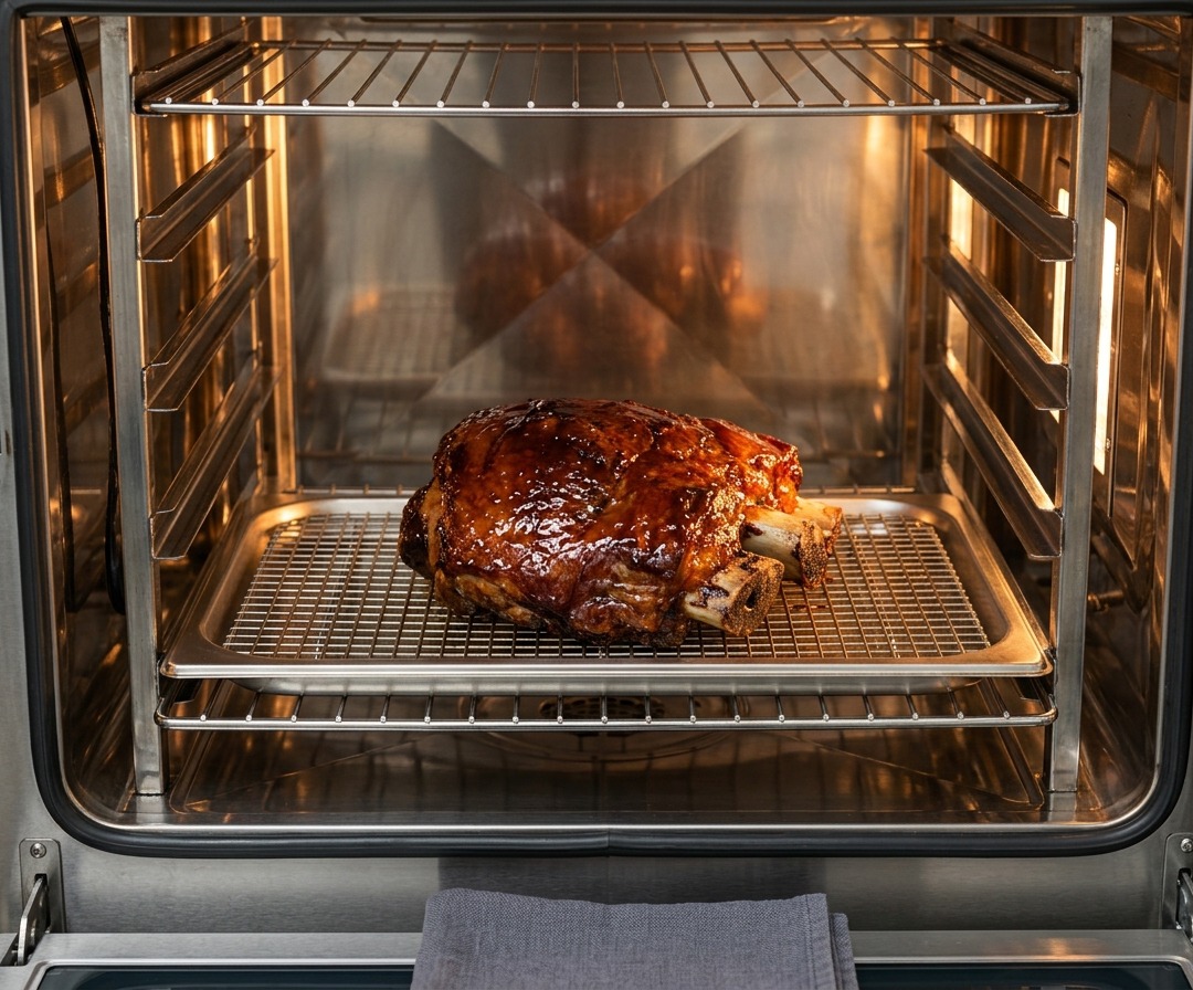 Błyszczący płat żeberek w sosie BBQ piekący się na kratce w rozświetlonym piekarniku.