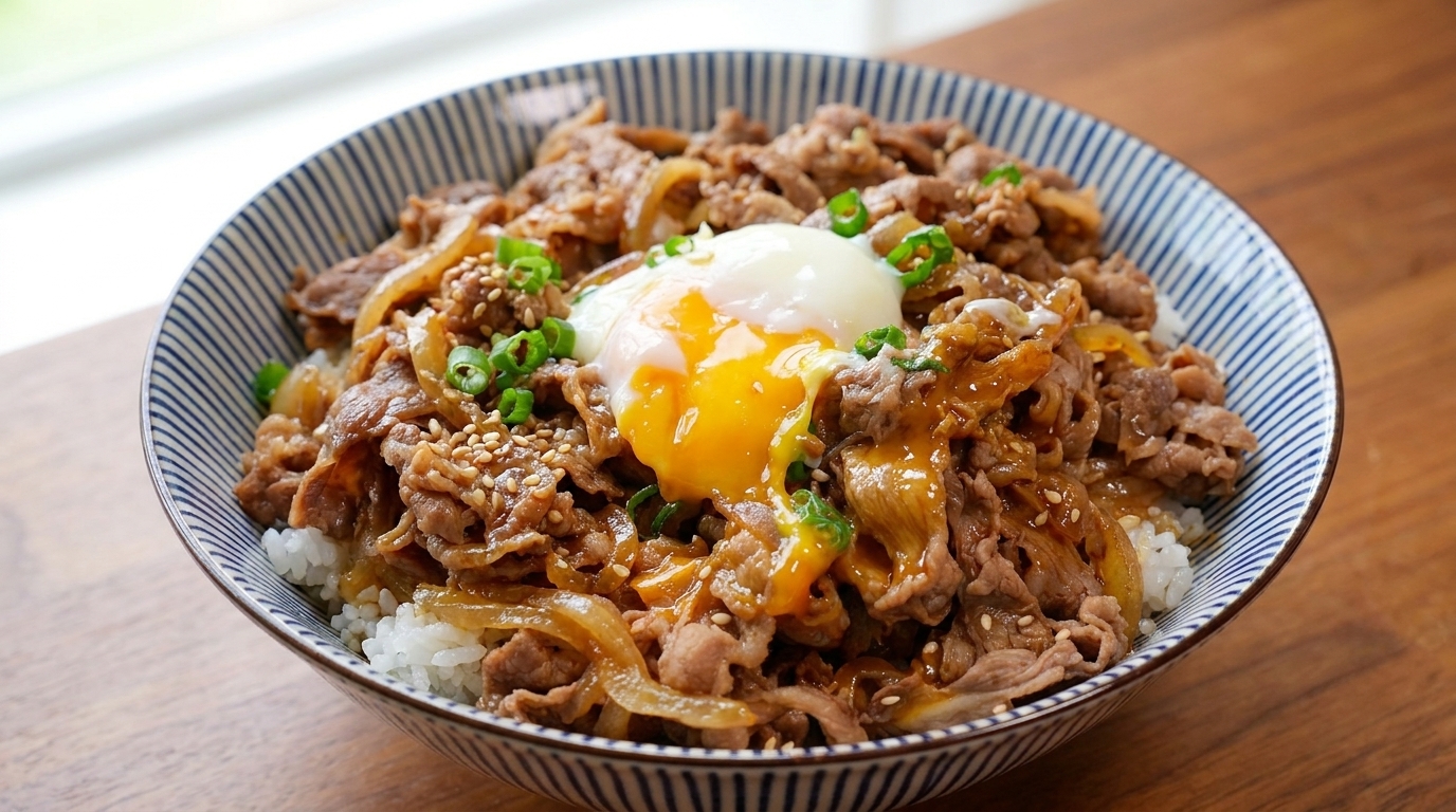 Miska japońskiego Gyudon z delikatną wołowiną, karmelizowaną cebulą i jajkiem na puszystym ryżu.