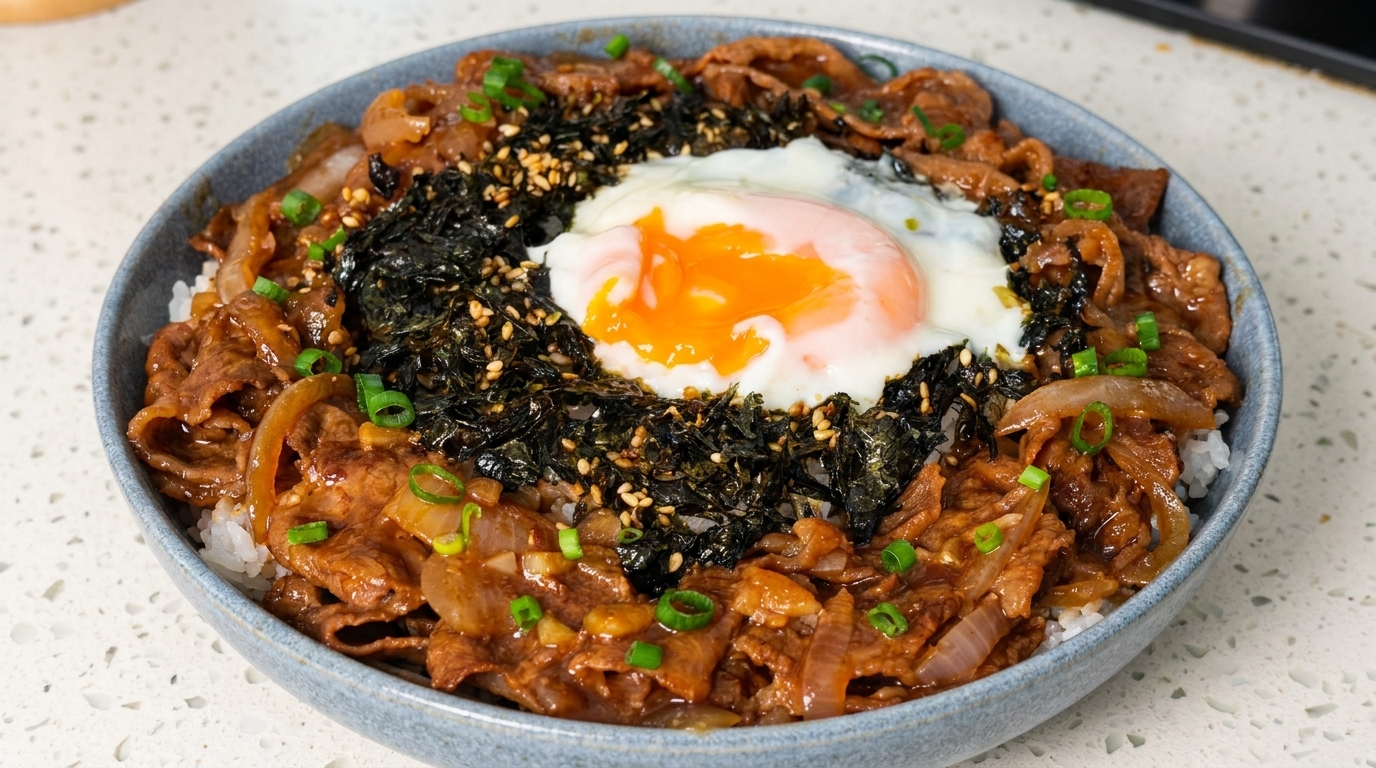 Japońska miska wołowa z jajkiem onsen (Gyudon)