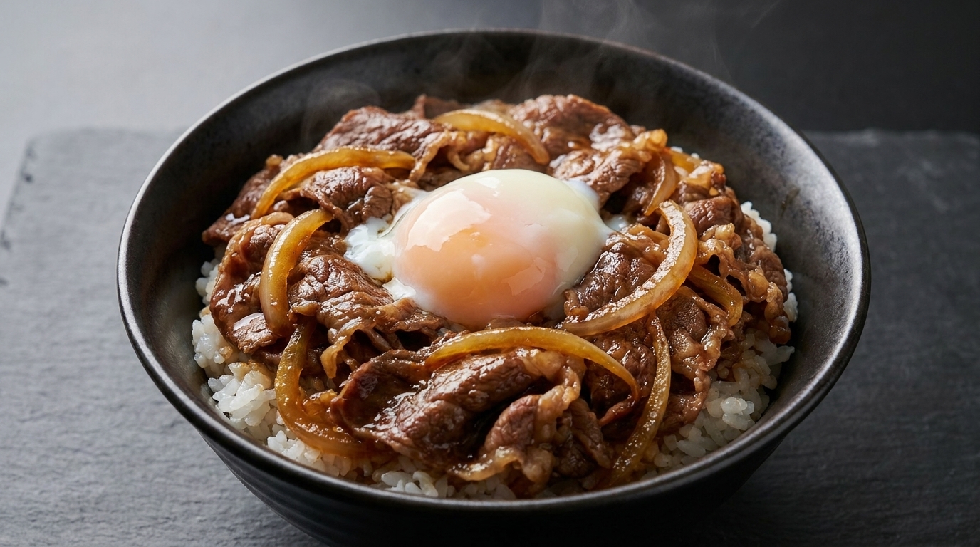 Klasyczna wołowina Gyudon z jajkiem Onsen Tamago