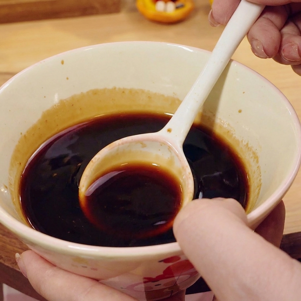 Ciemny sos wlewany z małej miseczki na zawartość patelni.