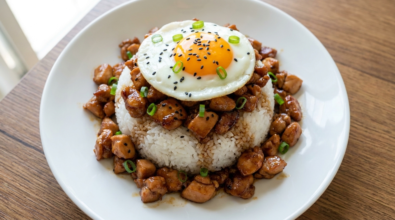 Aromatyczne japońskie Donburi z kurczakiem, jajkiem sadzonym i świeżą dymką.