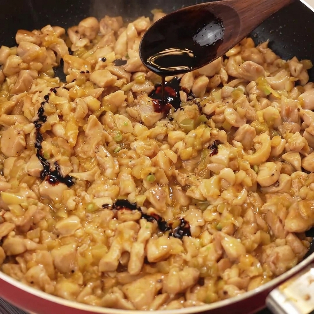 Wlewanie ciemnego sosu sojowego za pomocą drewnianej łyżki na kurczaka i gorczycę na patelni.