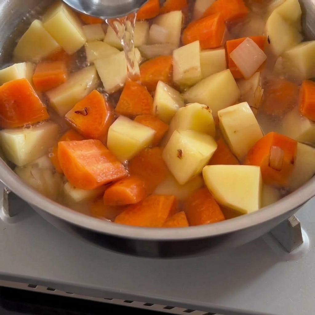 Twarde kostki curry wrzucane do garnka z gotującym się wywarem warzywnym.