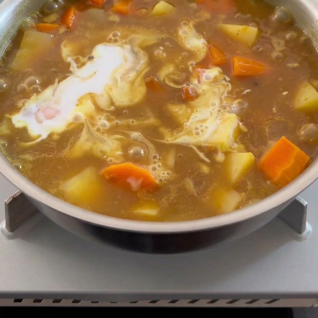 Kremowe mleczko kokosowe wlewane do bulgoczącego, brązowego sosu curry.