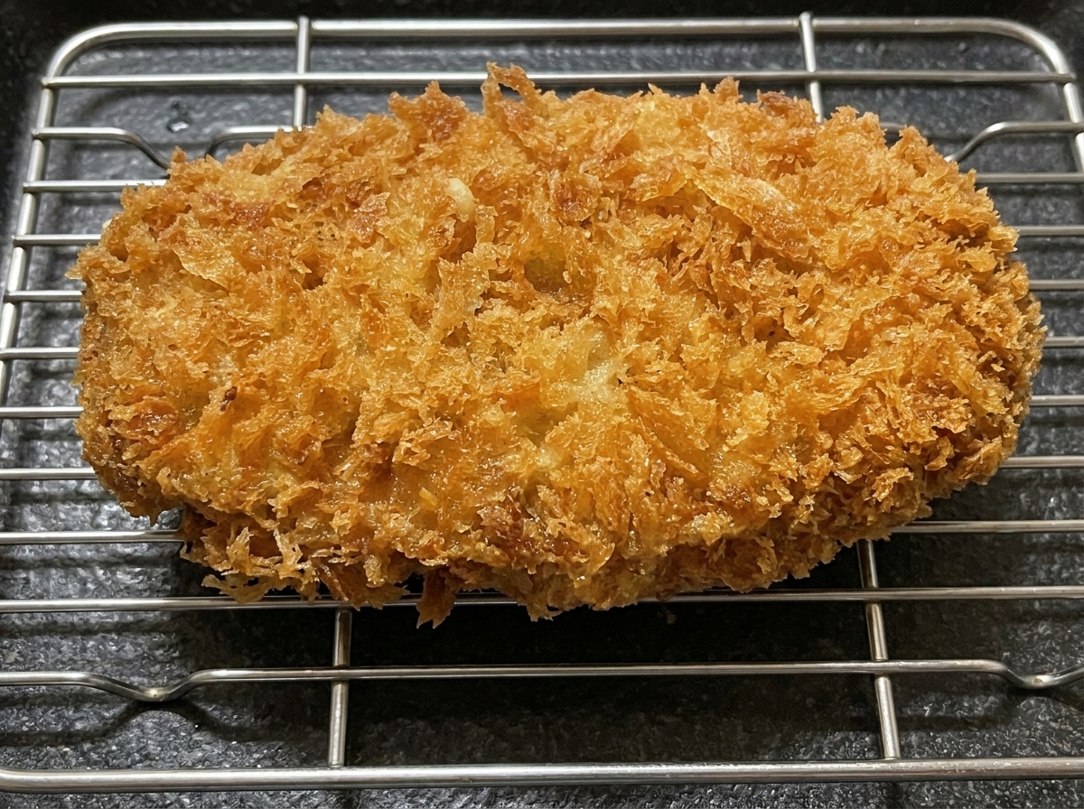 Złocisty, usmażony kotlet odpoczywający na drucianej kratce.