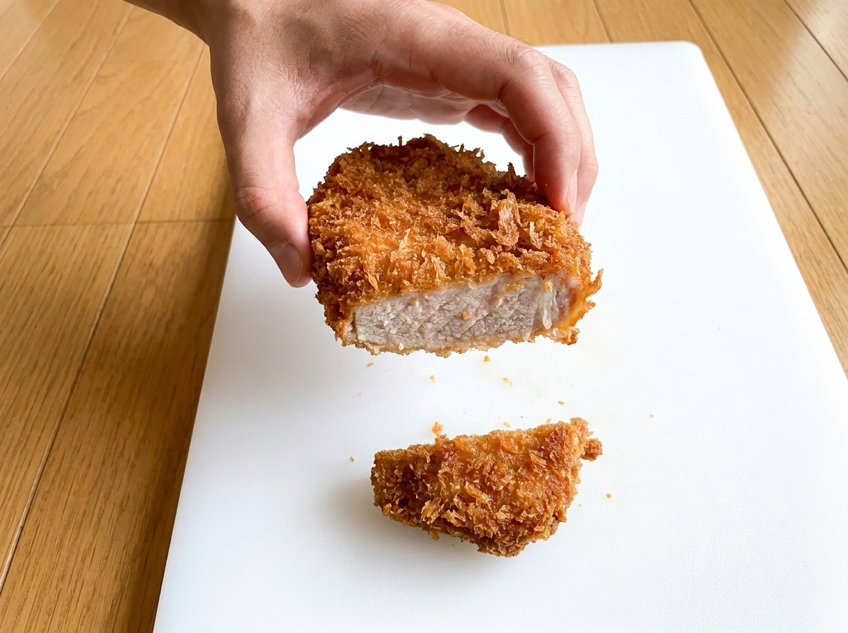 Osoba krojąca usmażony kotlet, widać soczysty środek.