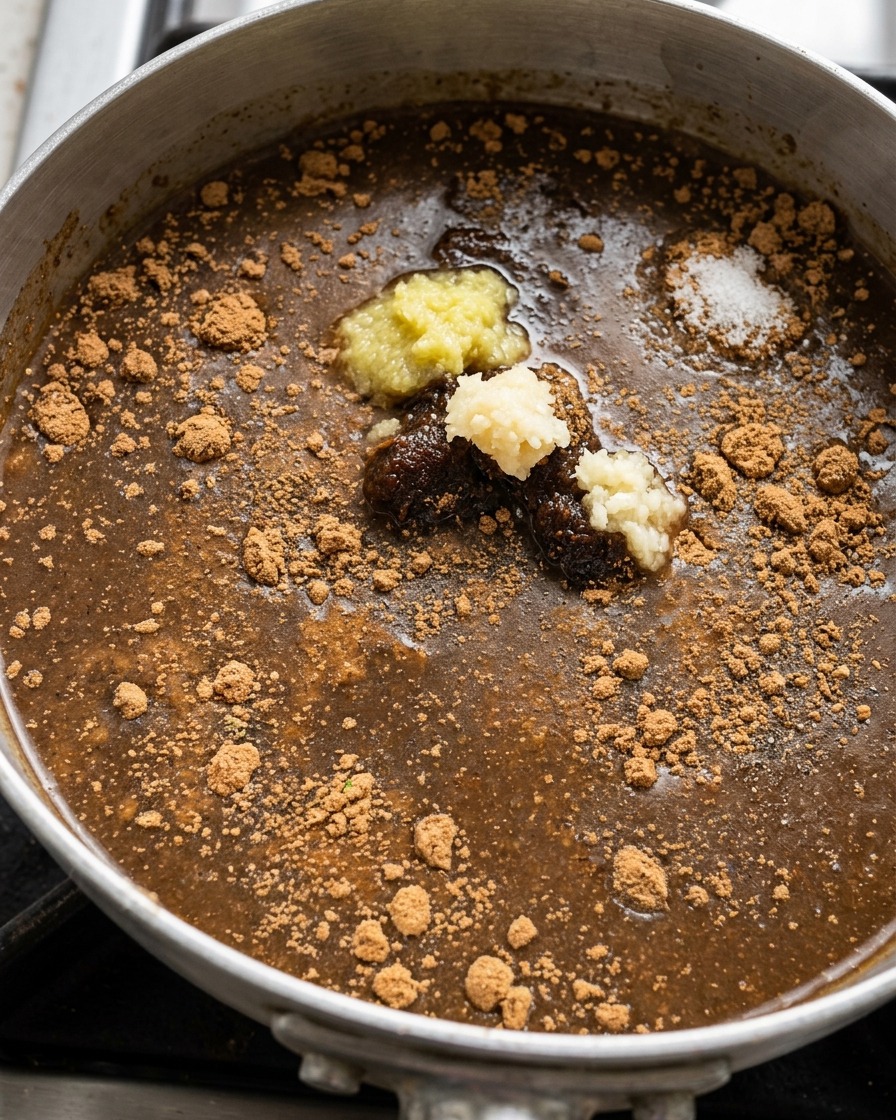 Garnek z ingrediencjami sosu miso, w tym czosnkiem, imbirem i przyprawami.