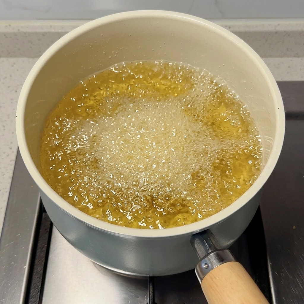 Panierowany kotlet smażący się w mocno rozgrzanym oleju w białym garnku.