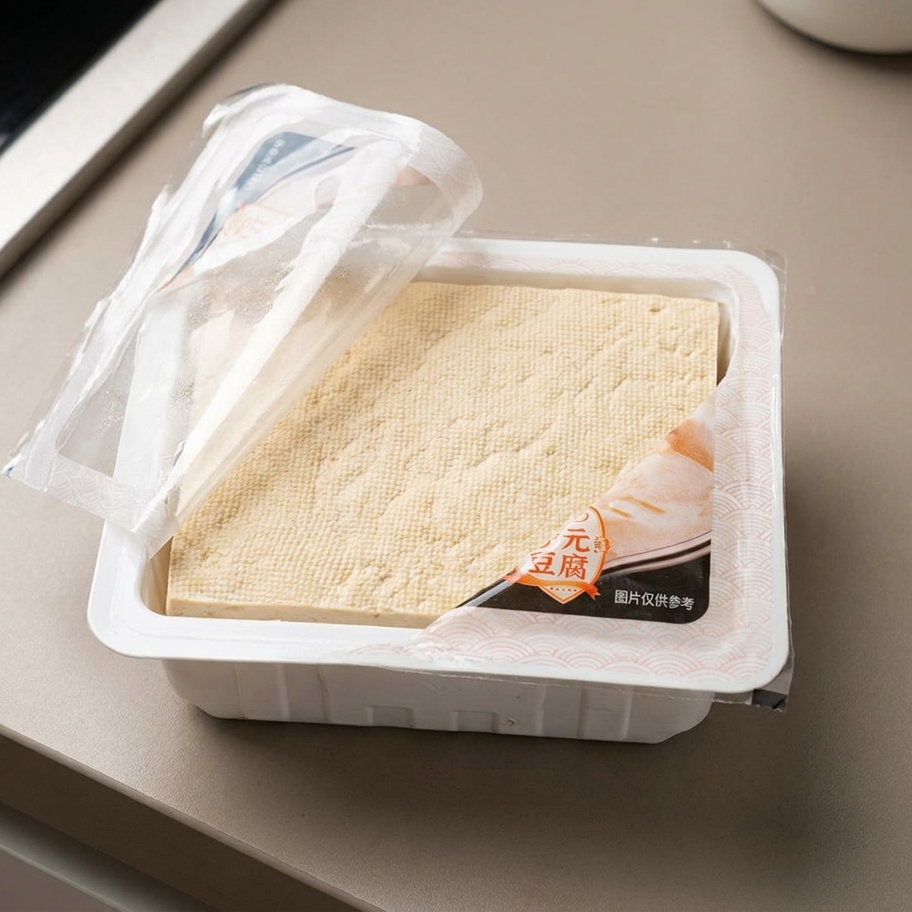 Kostka tofu krojona w małe kawałki na desce do krojenia.