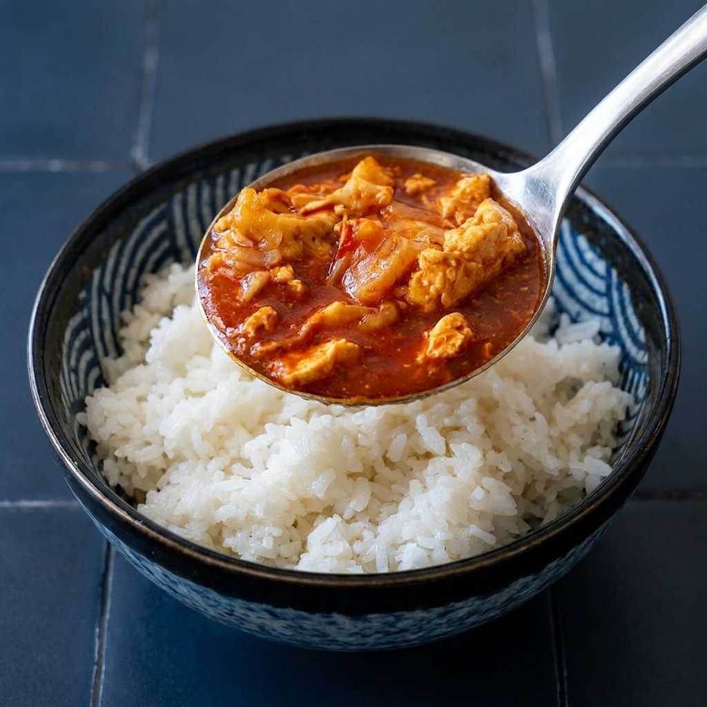 Chochelka nakładająca sos curry z tuńczykiem na porcję ryżu.