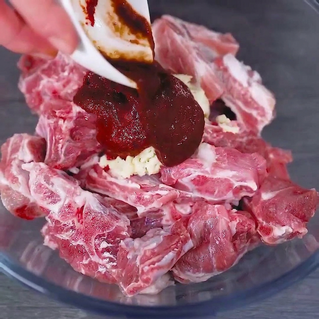 Szklana miska wypełniona surowymi żeberkami wieprzowymi z dodatkiem gęstego czerwonego sosu chili i świeżo posiekanego czosnku.