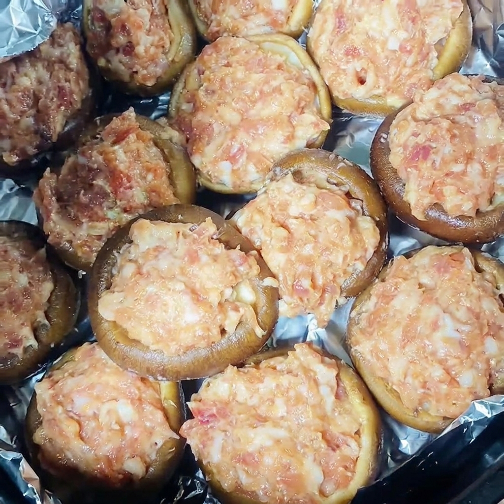 Zbliżenie na faszerowane pieczarki ułożone w koszyku frytkownicy.